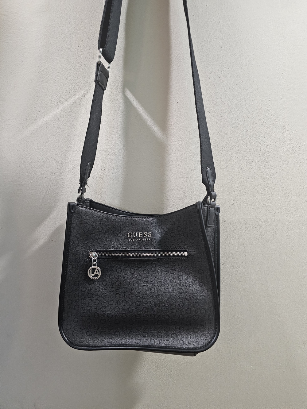 GUESS Black Monogram Crossbody Bag with Silver Hardware